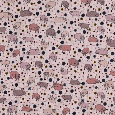 High Meadow Farm - Pig in Mud Clay 3043-001 - beige cotton fabric with pink, brown, and ecru pigs scattered over