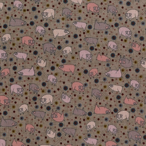 High Meadow Farm - Pig in Mud Clay 3043-002 - brown cotton fabric with pink, brown, and ecru pigs scattered over