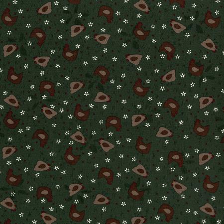 High Meadow Farm - Hens in the Yard Pine 3044-001 - dark green cotton fabric with gold chickens and rust roosters scattered over