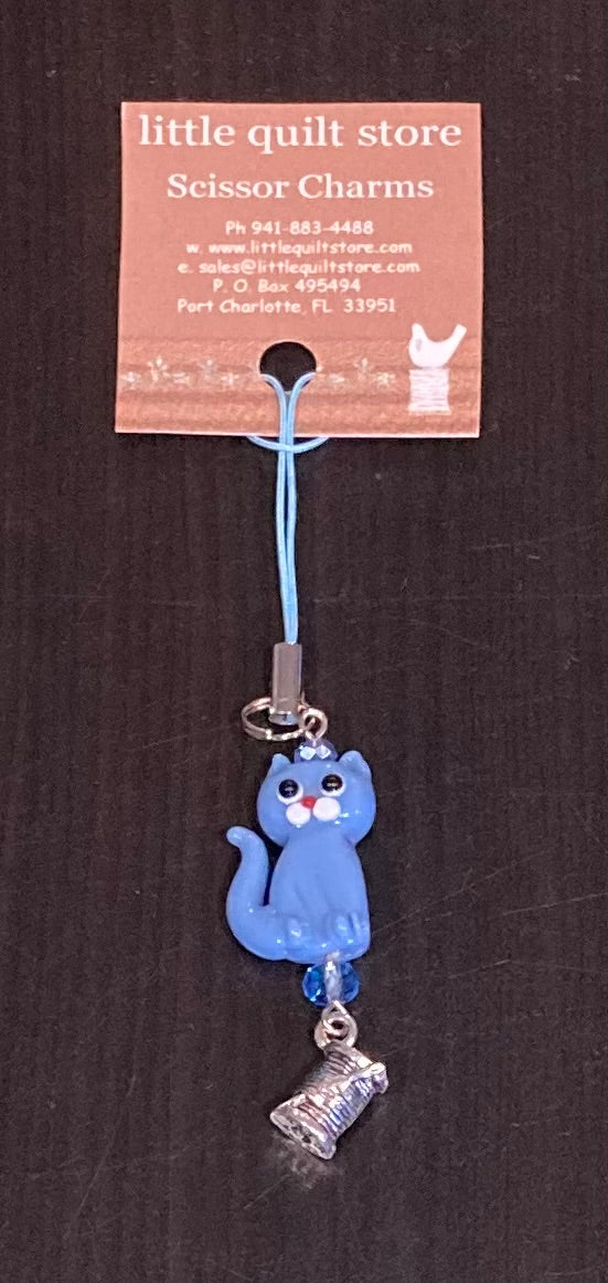 Scissor Charm - Blue Cat with Silver Spool of Thread