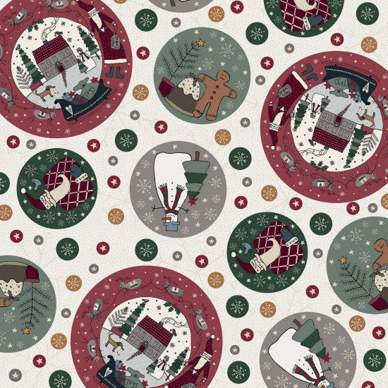 Hollyberry Christmas 81070-1 - Fat Quarter - white cotton fabric with Christmas circular motifs in burgundy, green, salmon and gray