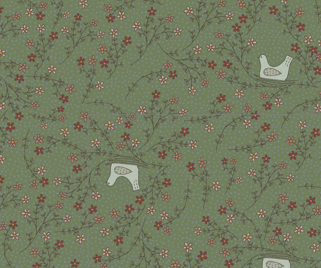 Favourites by Lynette Anderson - 81620-17 - green cotton fabric with sprigs of red and pink tiny flowers and white birds in a nest