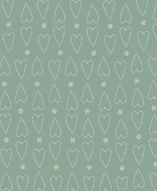 Favourites by Lynette Anderson - 81620-23 - green cotton fabric with white hearts and tiny daisies