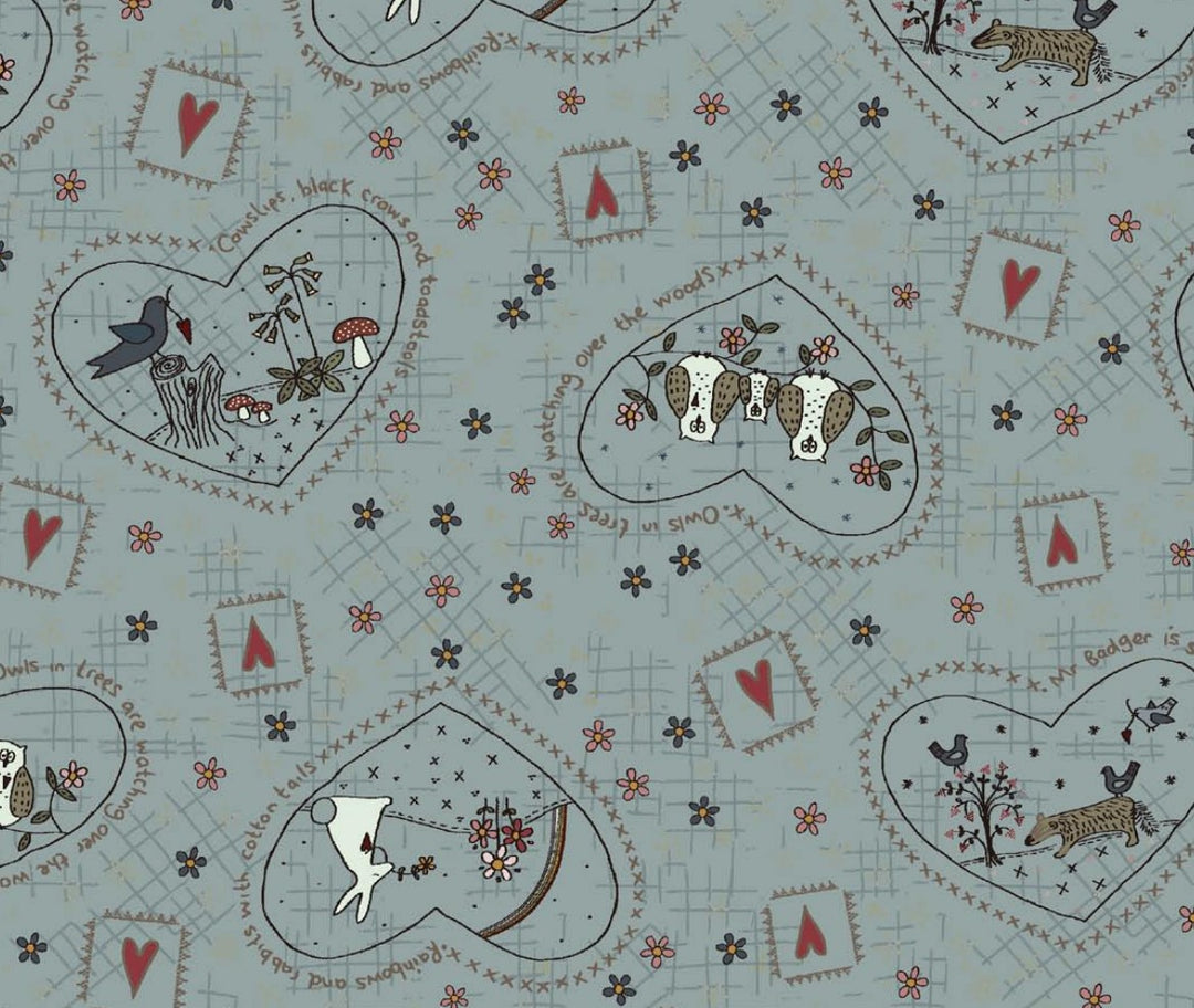 Favourites by Lynette Anderson - 81620-3 - light blue cotton fabric with hearts and woodland creatures