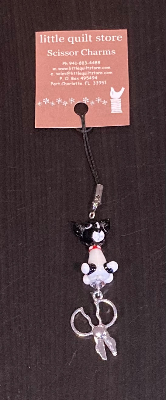 Scissor Charm - Black and White Dog with silver scissor charm