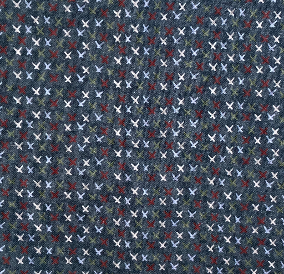 Peace and Joy 80620-8 Love and Kisses - navy cotton fabric with white, green, burgundy and light blue x's