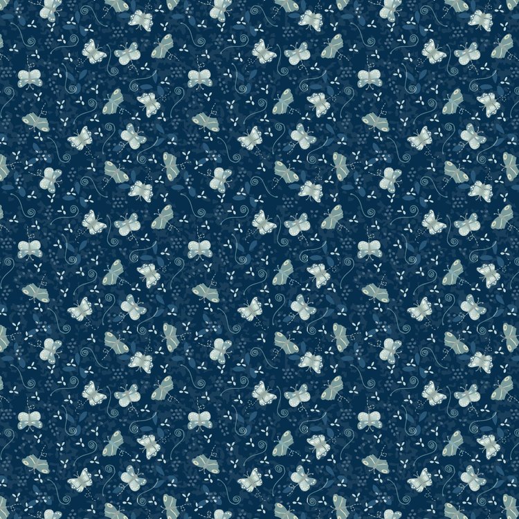 Something Borrowed, Something Blue 2 - 81510-4 - Dark blue cotton fabric with light blue butterflies scattered over