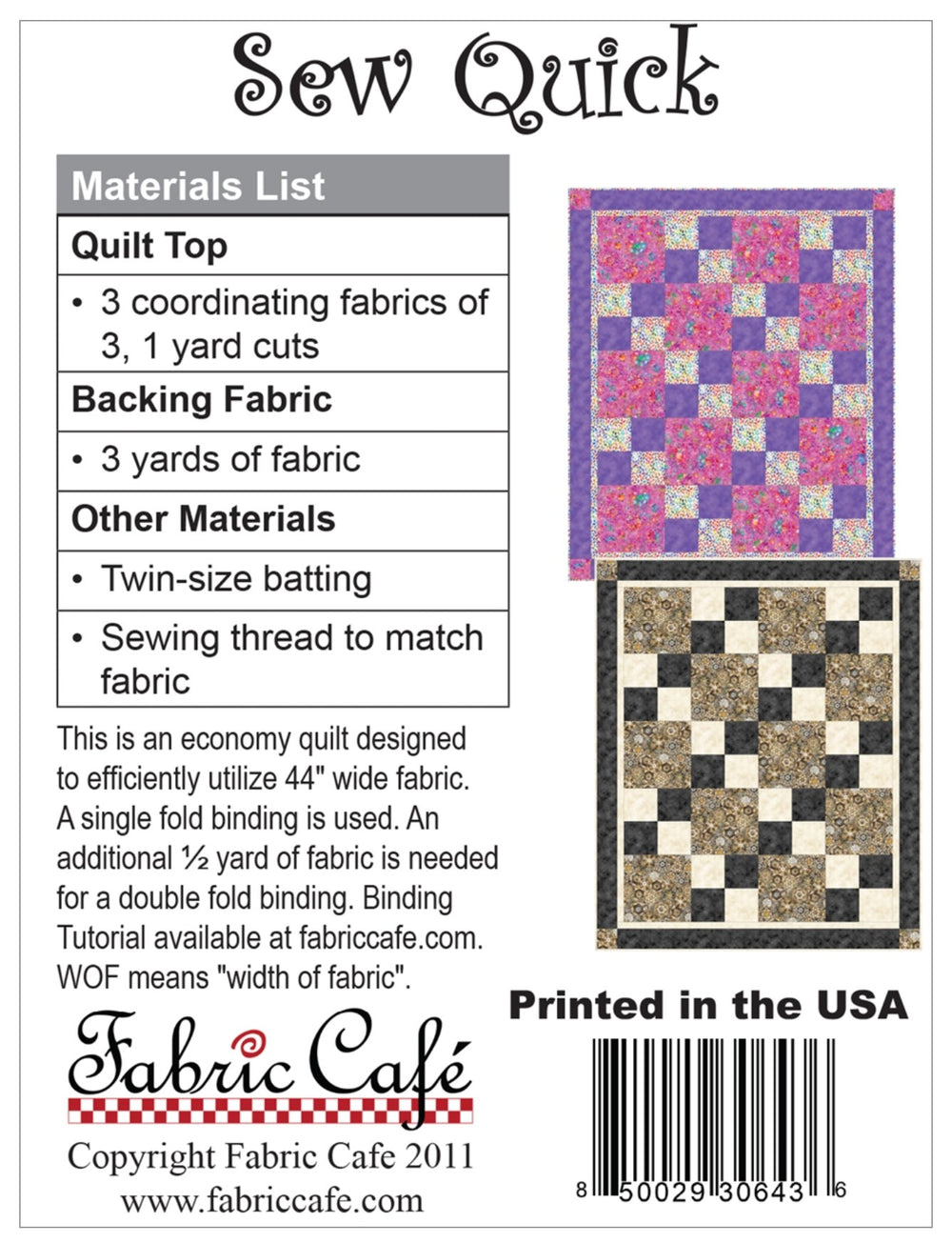 Sew Quick Quilt by Fabric Cafe Pattern Back