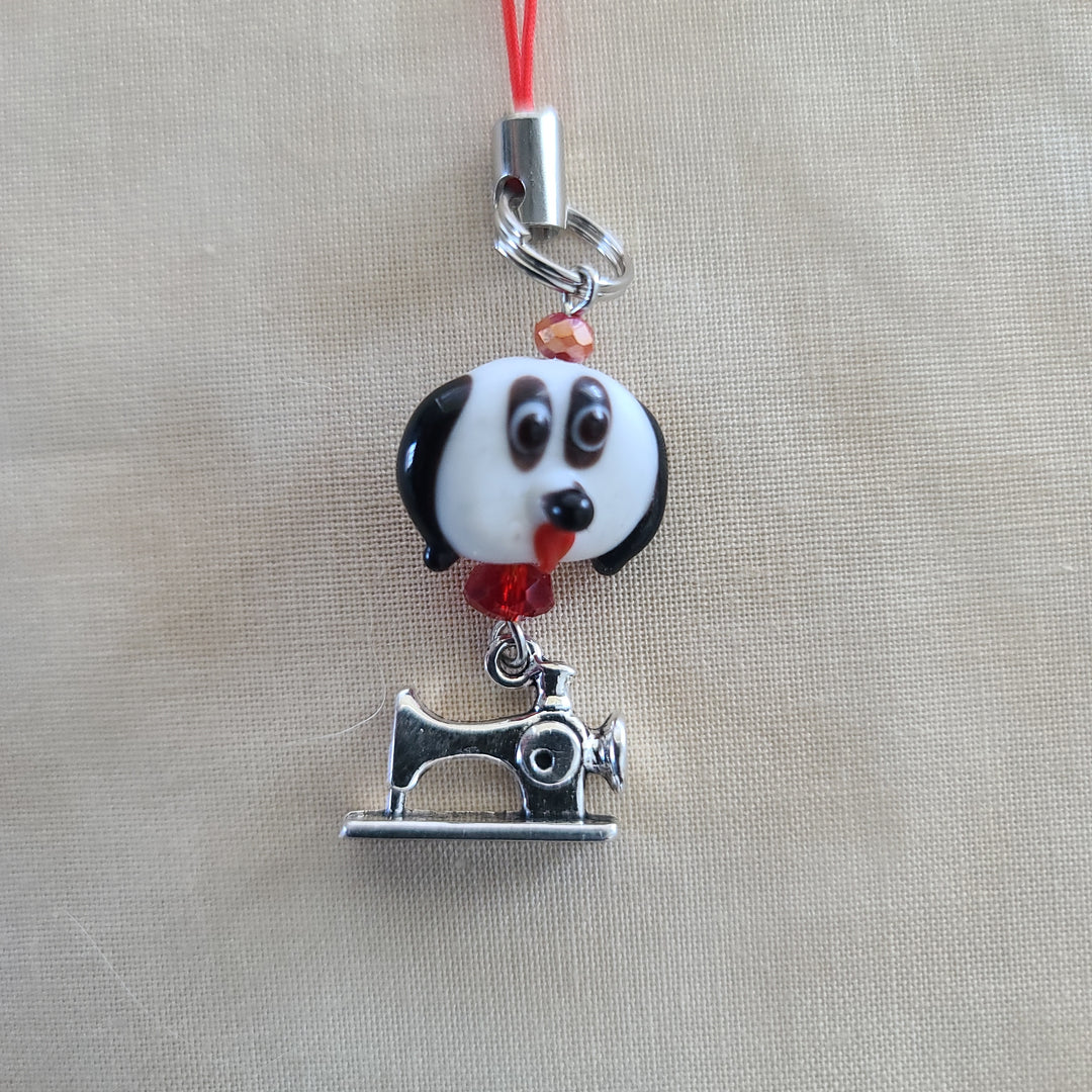 Scissor Charm - Black and White Dog Face with sewing machine charm