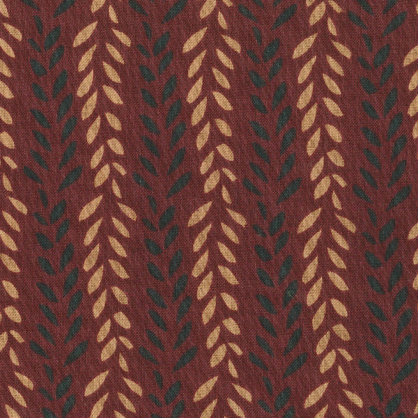 Highland 2541-01 - (1/2 Yard) Remnant - red cotton fabric with gold and dark green leaves in striped formation