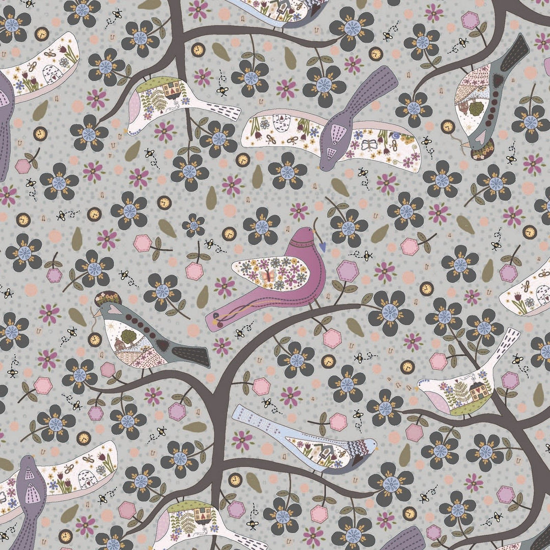 Garden Of Flowers 80870-1 - blue cotton fabric with birds on trees in pinks, lavenders, and greens