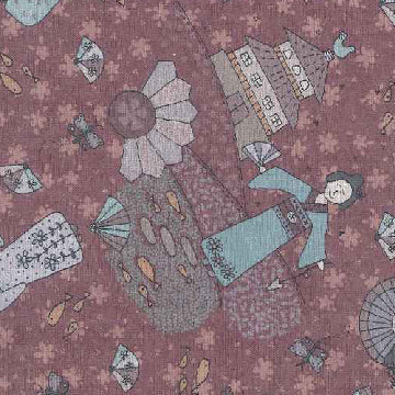 Dancing in the Blossom 31874-30 - Dark burgundy cotton fabric with Asian motifs scattered