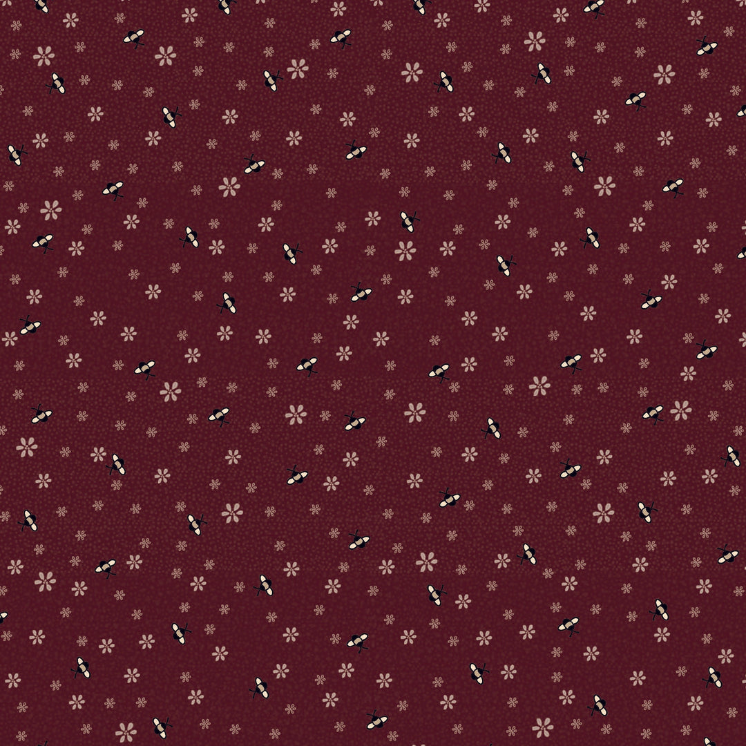 Corner of the Woods 80710-8 - Busy Bees Fat Quarter - dark red/brown cotton fabric with tiny bees and flowers scattered over