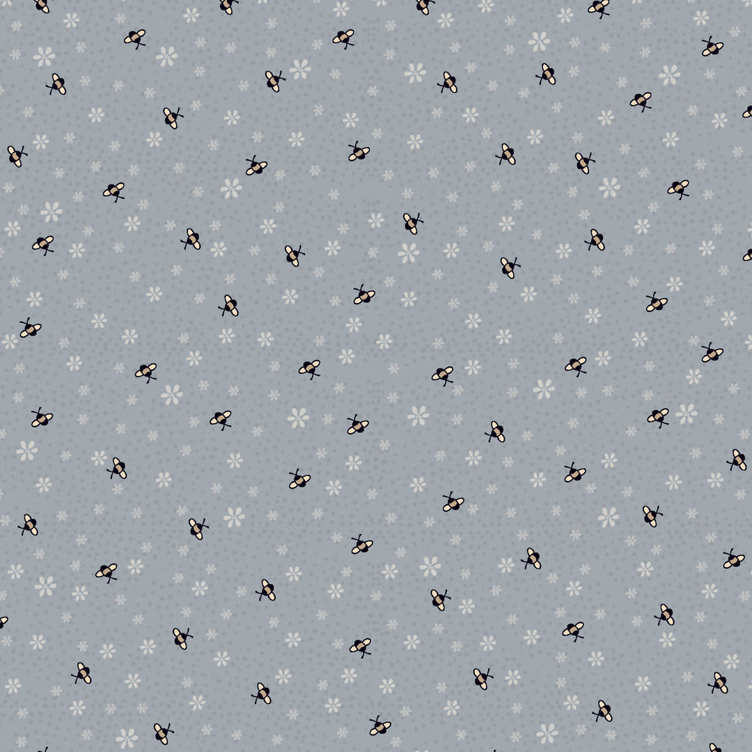 Corner of the Woods 80710-9 - Busy Bees Fat Quarter - blue cotton fabric with tiny bees and flowers scattered over