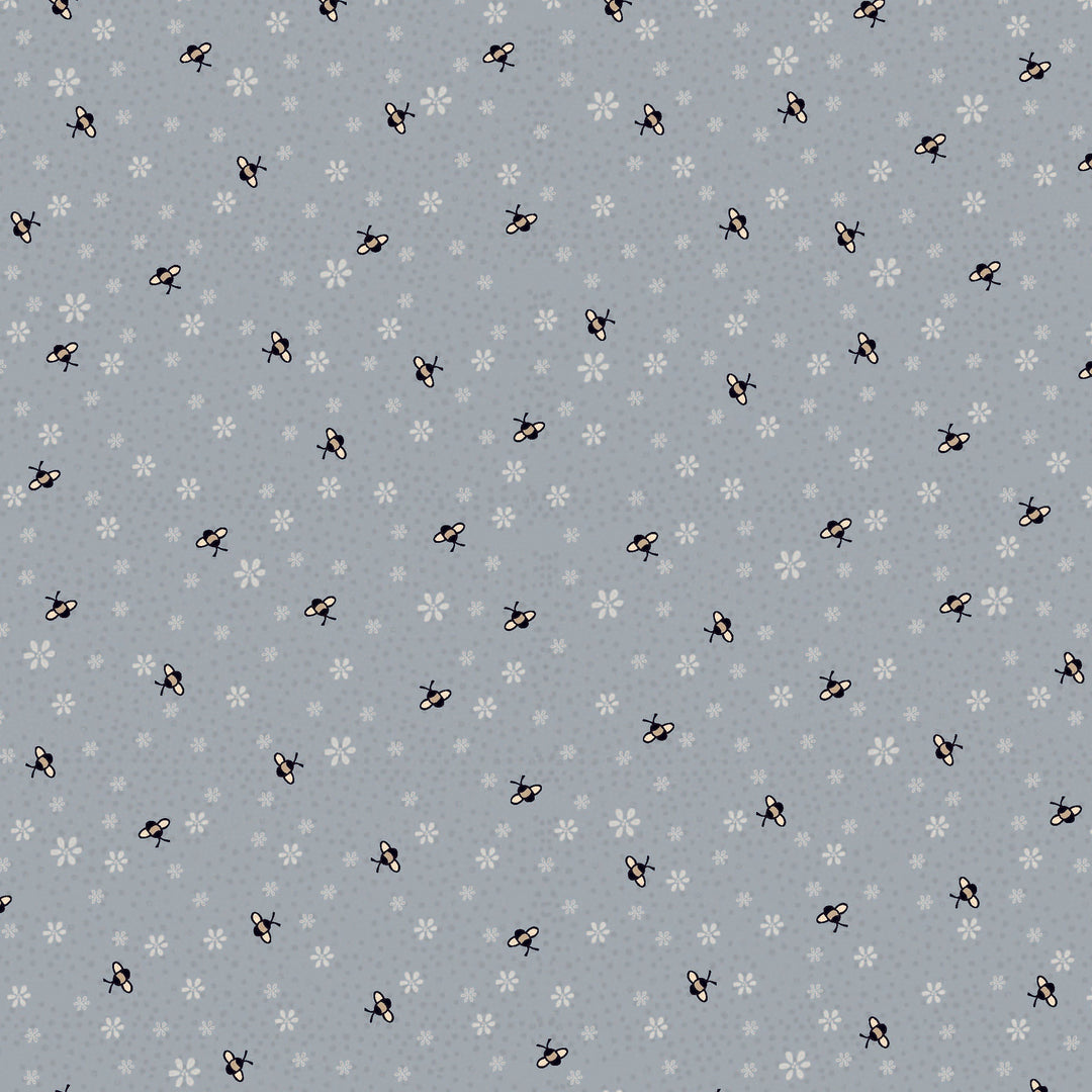 Corner of the Woods 80710-9 - Busy Bees Fat Quarter - blue cotton fabric with tiny bees and flowers scattered over