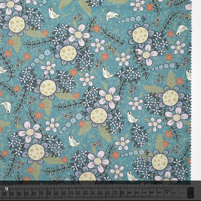 Botanicals 80990-109 - turquoise cotton fabric with large floral design