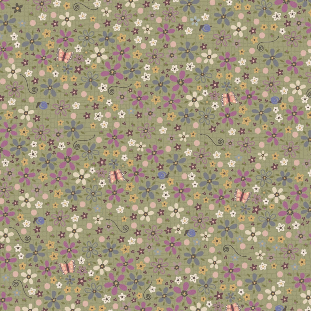 Garden Of Flowers 80870-6 - green cotton fabric with blue, green, yellow and white flowers as well as butterflies and snails all over