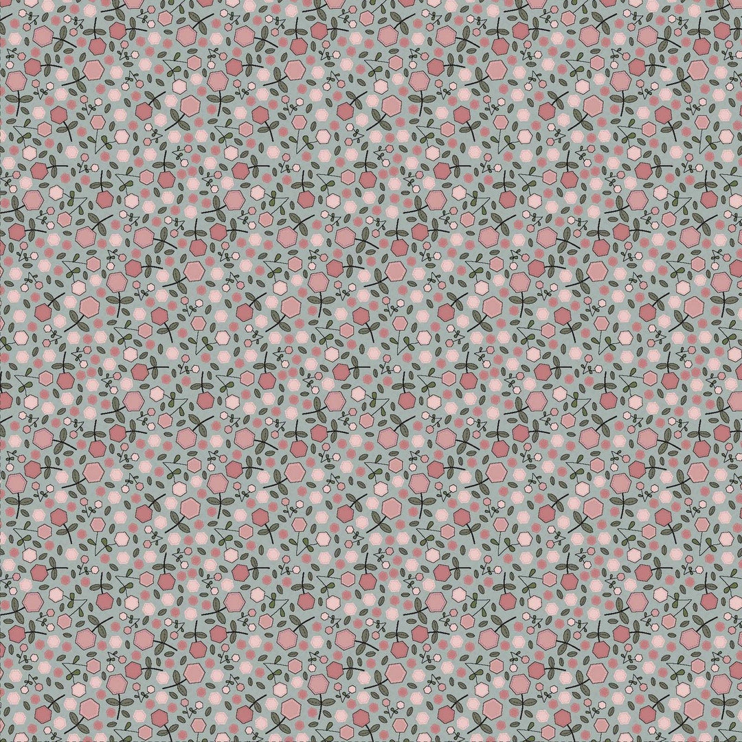 Garden Of Flowers 80870-15 - light blue cotton fabric with pink hexagon flowers scattered