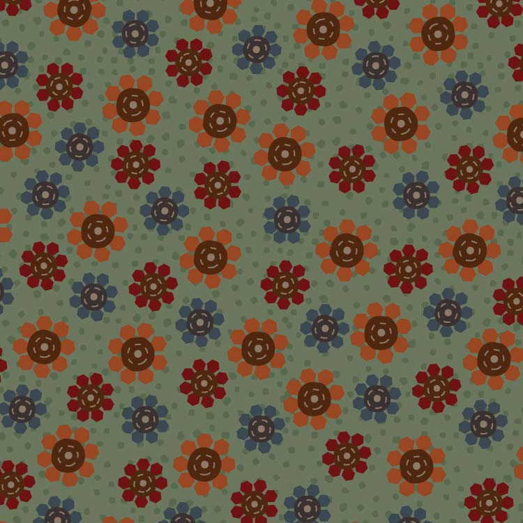 High Meadow Farm 3045-2 - green cotton fabric with orange, red, and blue flowers with brown centers